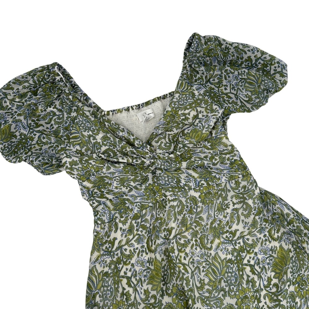 Japana Womens Green Floral Paisley Puff Sleeve Smocked Mini Dress Large